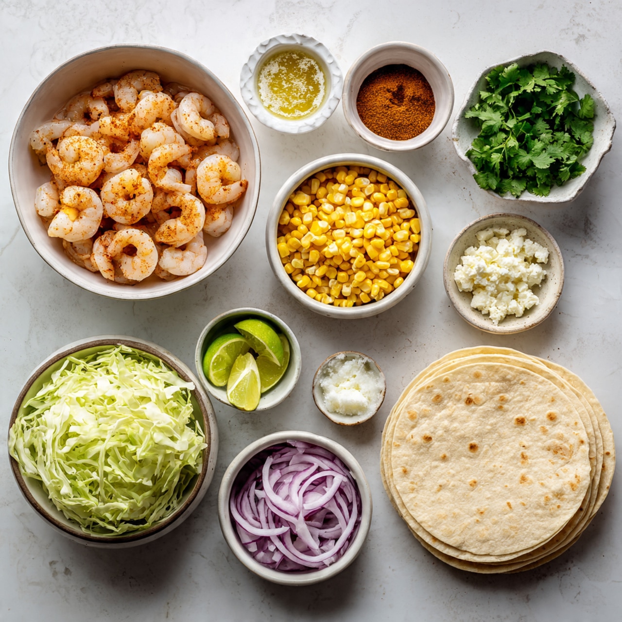 This image shows a gold baking tray filled with multiple uncooked shrimp spread out flat. Each shrimp has a grayish translucent color with dark tails and is seasoned heavily with a reddish-brown spice mix sprinkled evenly on top, with some granules visible on the tray. The tray is set on a white marbled surface with a light texture visible underneath. photo taken with an iphone --ar 4:5 --v 7