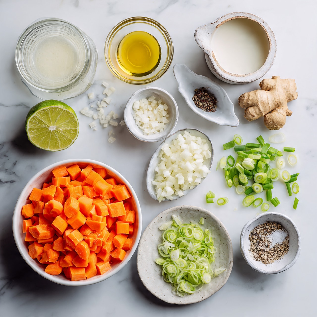 Inside a white pot, there is one main layer of bright orange carrot pieces that are chopped into small thick sticks and chunks. Mixed within and under the carrots are small bits of cooked white onions that have a soft, slightly translucent texture. The carrots look slightly shiny from being cooked, showing a soft texture with some tiny black pepper specks scattered around. The white pot is placed on a white marbled surface. photo taken with an iphone --ar 4:5 --v 7