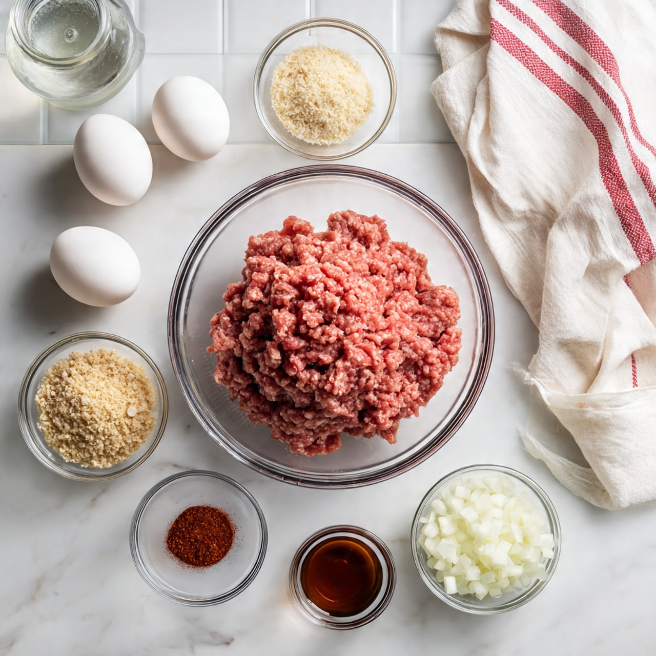 The image shows five raw beef patties arranged on a white plate with a raised, wavy edge. Each patty is round, thick, and uneven in texture, with visible small white and light yellow pieces mixed inside the red meat, possibly onions or seasoning. The plate is placed on a white marbled surface next to a red and white striped cloth, with light and natural colors surrounding it. Photo taken with an iphone --ar 4:5 --v 7