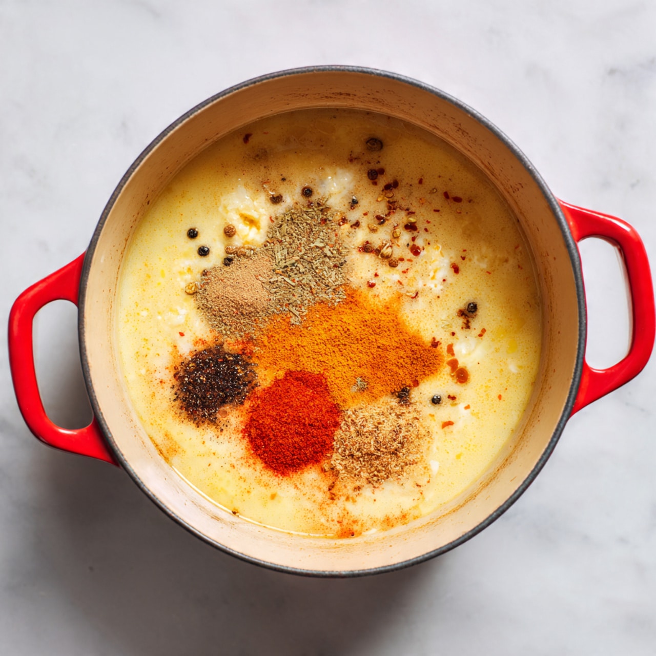 A round pot with bright red handles and a light beige inside rests on a white marbled surface. Inside the pot, there is one visible layer of a light yellow, slightly oily base with small bits and a rough texture. On top of this base, there are scattered spices in three main patches: a bright orange patch, a dark brown patch, and a black patch, all mixed together in the center. The edges of the pot have some light browning marks, showing the cooking process. photo taken with an iphone --ar 4:5 --v 7