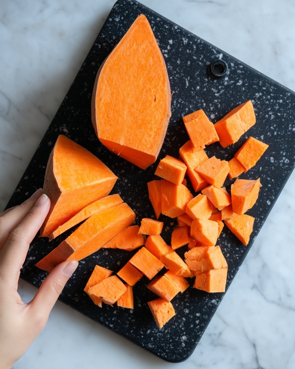 The image shows a few thick slices of bright orange sweet potato on a black cutting board with white speckles. On the left, a woman's hand is about to pick up one slice, which is partially cut into wedge shapes, revealing a smooth, moist texture inside. Next to it, there are other sweet potato pieces, cut into small cubes with sharp edges and smooth surfaces, spread out unevenly on the cutting board. The background is white marble texture. photo taken with an iphone --ar 4:5 --v 7