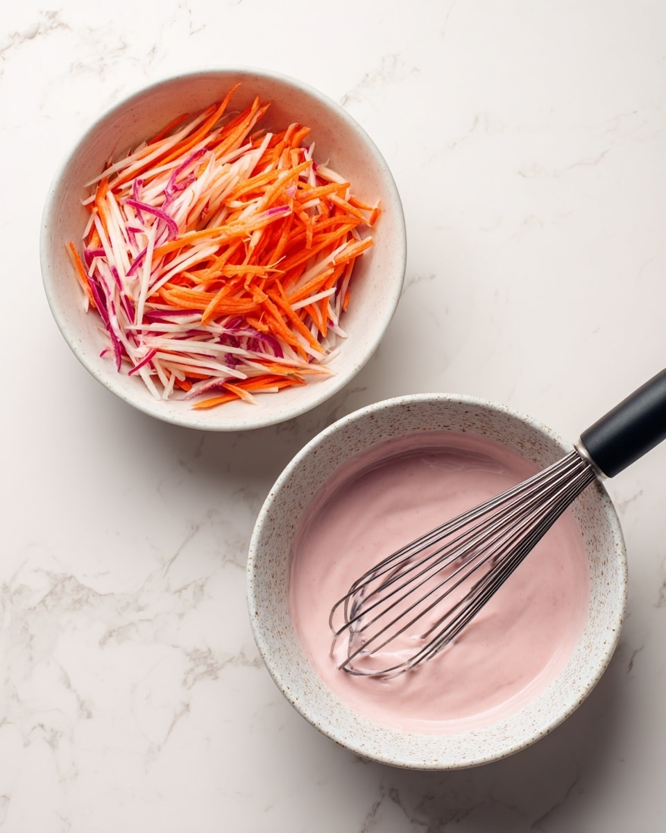 The image shows two white bowls on a white marbled surface. The bowl on the left is filled with thin strips of bright orange carrot mixed with white and red radish pieces, creating a colorful and fresh look. The bowl on the right contains a pale pink sauce or dressing being whisked by a black whisk, with the smooth and creamy texture clearly visible. photo taken with an iphone --ar 4:5 --v 7