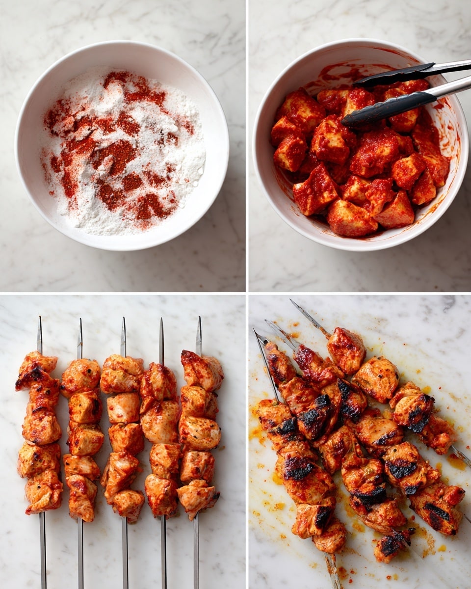 The image shows four stages of making grilled chicken skewers arranged in a grid of four photos. The top left photo has raw chicken pieces in a white bowl with white powder and red spices on top; the chicken is pale pink while the spices add red and white colors. The top right photo shows the same white bowl now filled with chicken coated in red marinade, with a pair of black tongs mixing the meat. The bottom left photo displays six metal skewers with raw, marinated chicken pieces in a row on a white marbled surface, the chicken pieces look orange-red. The bottom right photo shows four grilled chicken skewers fully cooked with browned and slightly charred orange-red chicken pieces on the white marbled surface, with some bright orange oil around the skewers. photo taken with an iphone --ar 4:5 --v 7