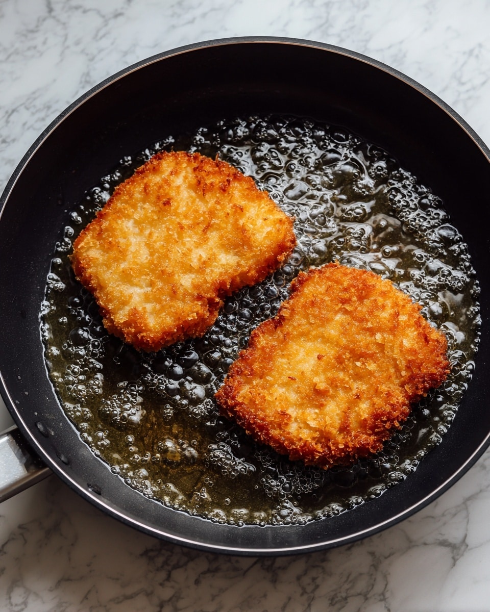 Two flat pieces of breaded food with a light brown and white crunchy texture are frying in a black pan with bubbling oil around them. The pieces are placed side by side in the pan, which is on a white marbled surface. Photo taken with an iphone --ar 4:5 --v 7