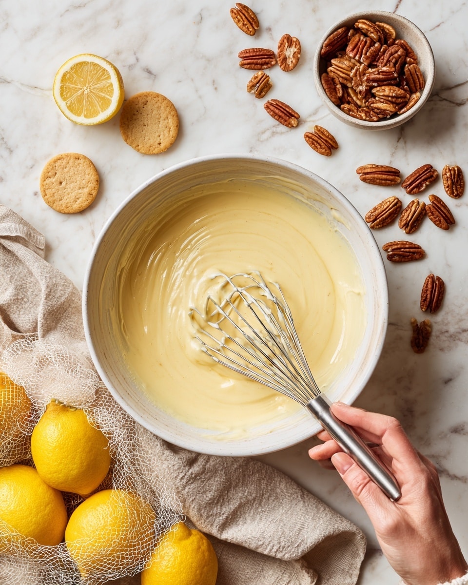 A large white bowl filled with a smooth, pale yellow mixture being whisked by a woman's hand holding a metal whisk on the right side. Around the bowl, a white marbled surface holds a beige cloth, several pecan nuts, three round beige cookies, half a lemon showing its juicy inside on the upper left, and a net bag with more bright yellow lemons at the bottom left. A small white bowl with pecans sits near the top right corner. Photo taken with an iphone --ar 4:5 --v 7
