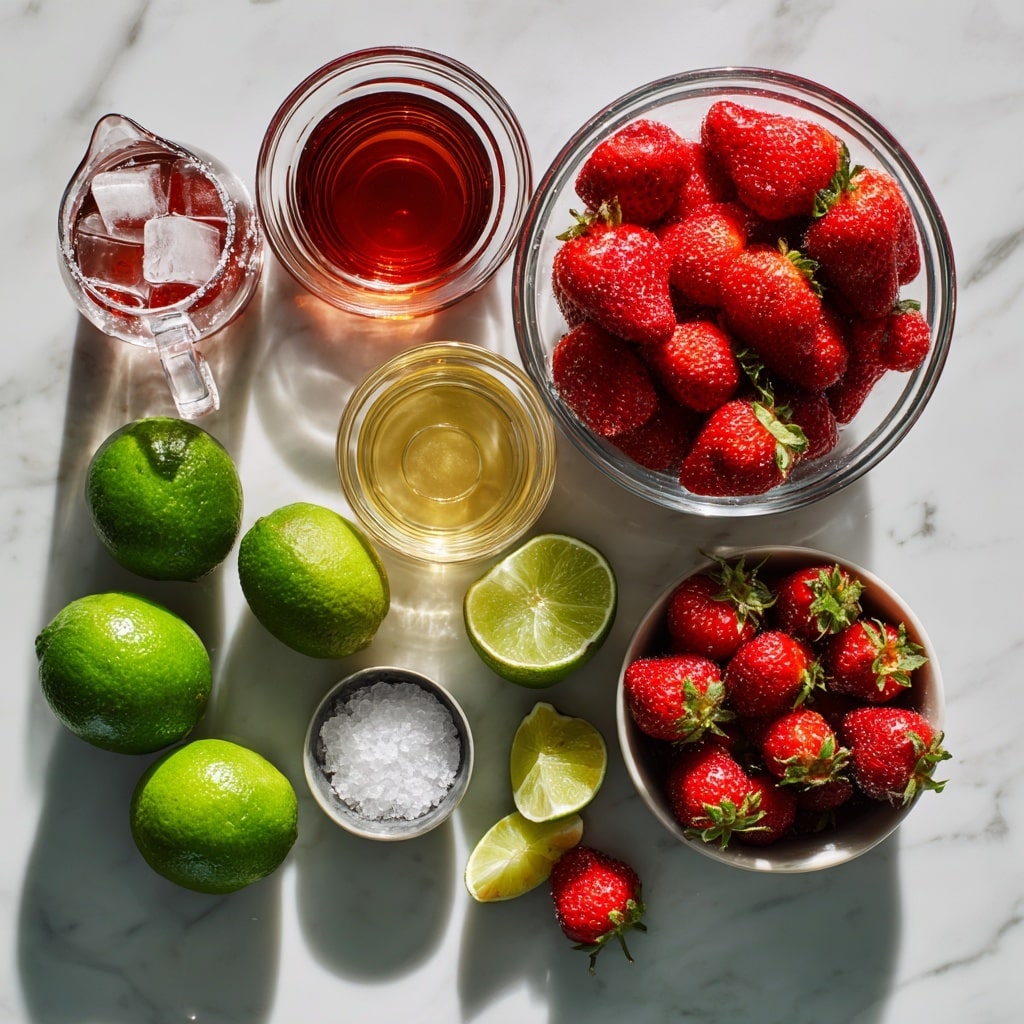 The image shows a top view of a clear blender container filled with bright red, halved strawberries, some with frosty texture indicating they might be frozen. Around the blender, on a white marbled surface, there are halved green limes and some whole and halved strawberries scattered. In the bottom left corner, a woman's hand is holding a small white bowl filled with whole strawberries. The colors are fresh and vibrant, with the contrast of red strawberries and green limes standing out against the white marbled background. photo taken with an iphone --ar 4:5 --v 7
