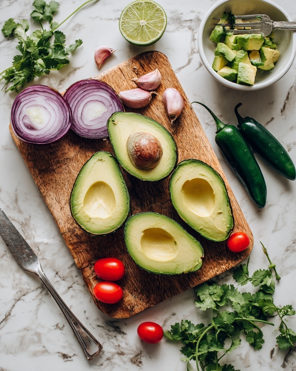 The image shows a wooden cutting board placed on a white marbled surface, filled with fresh ingredients. There are four avocado halves, two with pits and two without, showing bright green flesh with smooth texture in the center of the board. To the top left is a halved red onion with deep purple layers, and next to it are three garlic cloves with light pink skin. Around the board are two dark green jalapeño peppers, a halved lime with a juicy light green inside, and several small, shiny red grape tomatoes on the bottom right. Fresh cilantro leaves are scattered around for garnish, and a silver spoon with some avocado residue rests near the top right of the board. A white bowl with pieces of avocado and a fork inside is placed near the top left corner of the image. Photo taken with an iphone --ar 4:5 --v 7