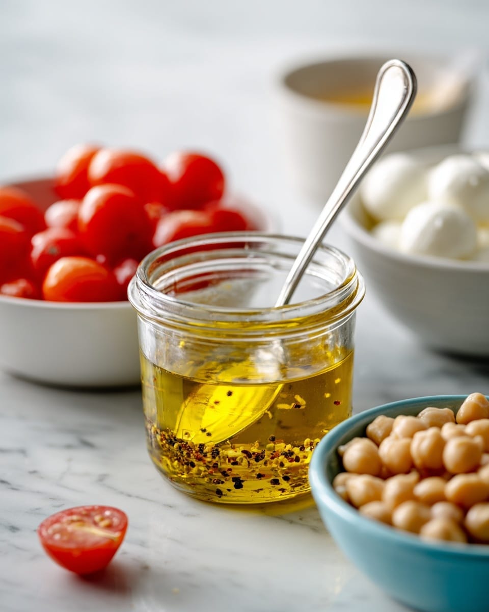 A close-up image shows a clear glass jar with yellowish oil and small black specks inside, with a silver spoon resting in it. To the left and slightly blurred is a white bowl filled with red cherry tomatoes, some cut in halves showing their juicy inside. To the right is a light blue bowl containing round, beige chickpeas. In the background, another white bowl holds white mozzarella balls, all set on a white marbled surface. photo taken with an iphone --ar 4:5 --v 7