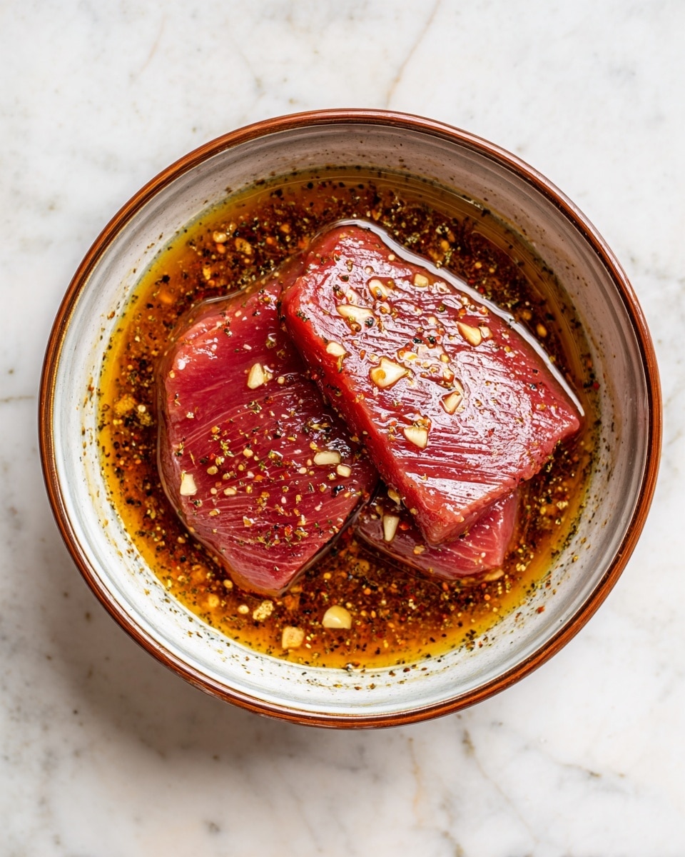 In a clear glass bowl placed on a white marbled surface, there are two large raw meat pieces submerged in a golden brown marinade. The marinade has visible small chunks of garlic and specks of black pepper floating in the liquid. The texture of the meat is smooth and shiny due to the marinade coating, showing a rich reddish-pink color. The bowl is round with a brown rim, and the mixture looks fresh and ready for cooking. photo taken with an iphone --ar 4:5 --v 7