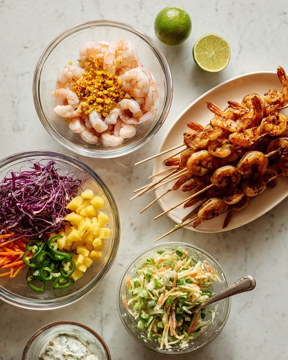 The image displays four sections: the top left shows raw peeled shrimp in a clear glass bowl with layers of light pink and white shrimp covered by yellow, red, and green spices in clumps on top, with beige wooden skewers and half a lime nearby, all set on a white marbled texture; the top right features cooked brown shrimp skewered and arranged in a pile on a white oval plate; the bottom left has a clear glass bowl filled with shredded purple cabbage, orange carrots, green jalapeño pieces, and yellow pineapple chunks, next to a smaller bowl holding white sour cream or yogurt mixed with fresh green herbs and chopped scallions; the bottom right reveals a similar clear glass bowl containing shredded vegetables mixed with a creamy light green herb dressing being stirred with a silver spoon. photo taken with an iphone --ar 4:5 --v 7