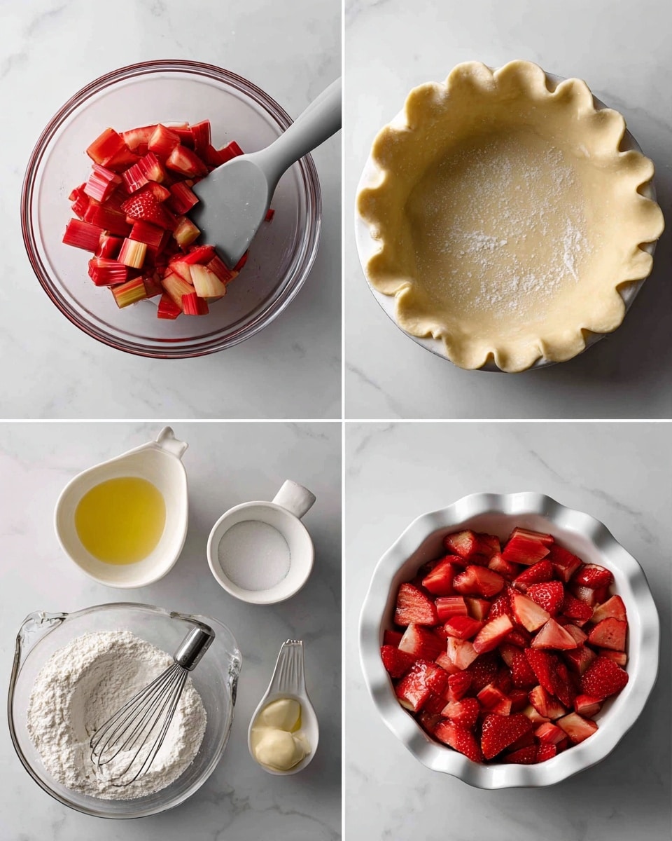 The image shows four steps of making a rhubarb pie. Top left is a clear bowl with sliced red rhubarb pieces mixed with sugar, with a gray spatula inside. Top right shows a white pie dish lined with pie dough that has a fluted edge and lightly dusted with flour, next to a small white bowl with an egg wash and a brush. Bottom left is a glass measuring cup with melted butter, flour, and a whisk nearby on a white marbled surface. Bottom right shows the white pie dish filled with the red rhubarb pieces on top of the dough. photo taken with an iphone --ar 4:5 --v 7