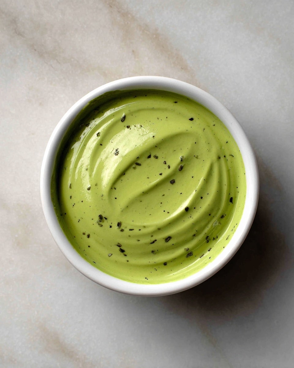 A close-up top view of a small white bowl filled with a single smooth layer of bright green sauce that has small dark green herb specks mixed inside, sitting on a flat white marbled surface; the sauce has a creamy texture with slight swirls visible on the surface photo taken with an iphone --ar 4:5 --v 7