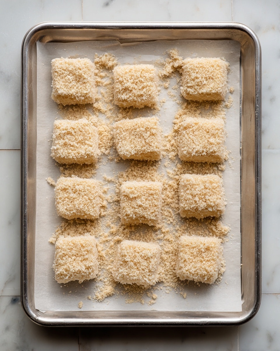 A metal baking tray lined with white parchment paper holds 12 pieces of uncooked food coated in a crumbly, light golden breadcrumb mixture, arranged in four rows of three pieces each. The pieces are roughly square and have a coarse, uneven crumb texture with some crumbs scattered around on the parchment. The tray is placed on a white marbled surface with visible tile seams. photo taken with an iphone --ar 4:5 --v 7