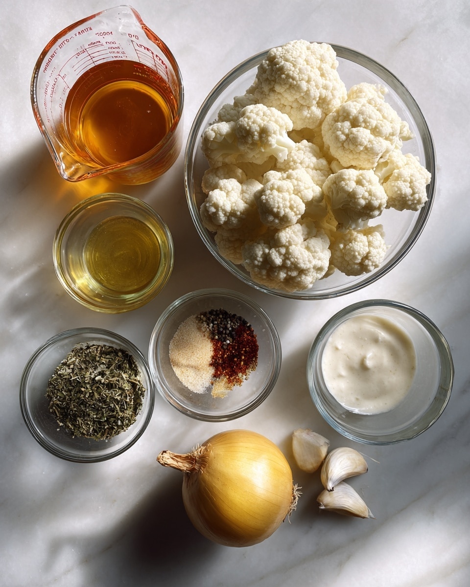 The image shows several clear glass bowls and measuring cups placed on a white marbled surface. There are two bowls filled with white cauliflower florets, one larger and one medium-sized, positioned to the right. A clear measuring cup with an orange-brown liquid is at the top left, while below it is another clear measuring cup with a white creamy liquid. In the center, two small glass bowls contain finely ground spices: one has green leafy herbs mixed with a light brown powder, and the other holds black pepper, red powder, and salt. At the bottom, a whole golden-brown onion rests next to a half lemon with bright yellow flesh, and two small pale garlic cloves slightly separated. The lighting is soft, with a slight shadow creating depth. Photo taken with an iphone --ar 4:5 --v 7