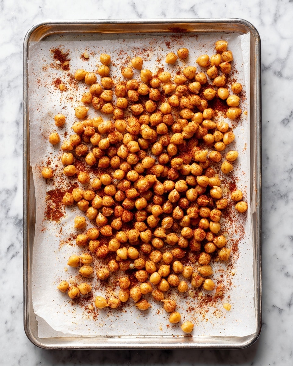 A silver baking tray lined with white paper is fully covered with a single layer of light brown chickpeas, some of which are dusted with a reddish-brown spice powder, creating a speckled look. The chickpeas are spread unevenly, with more spices concentrated in the middle and some scattered around the edges. The tray sits on a white marbled surface. photo taken with an iphone --ar 4:5 --v 7