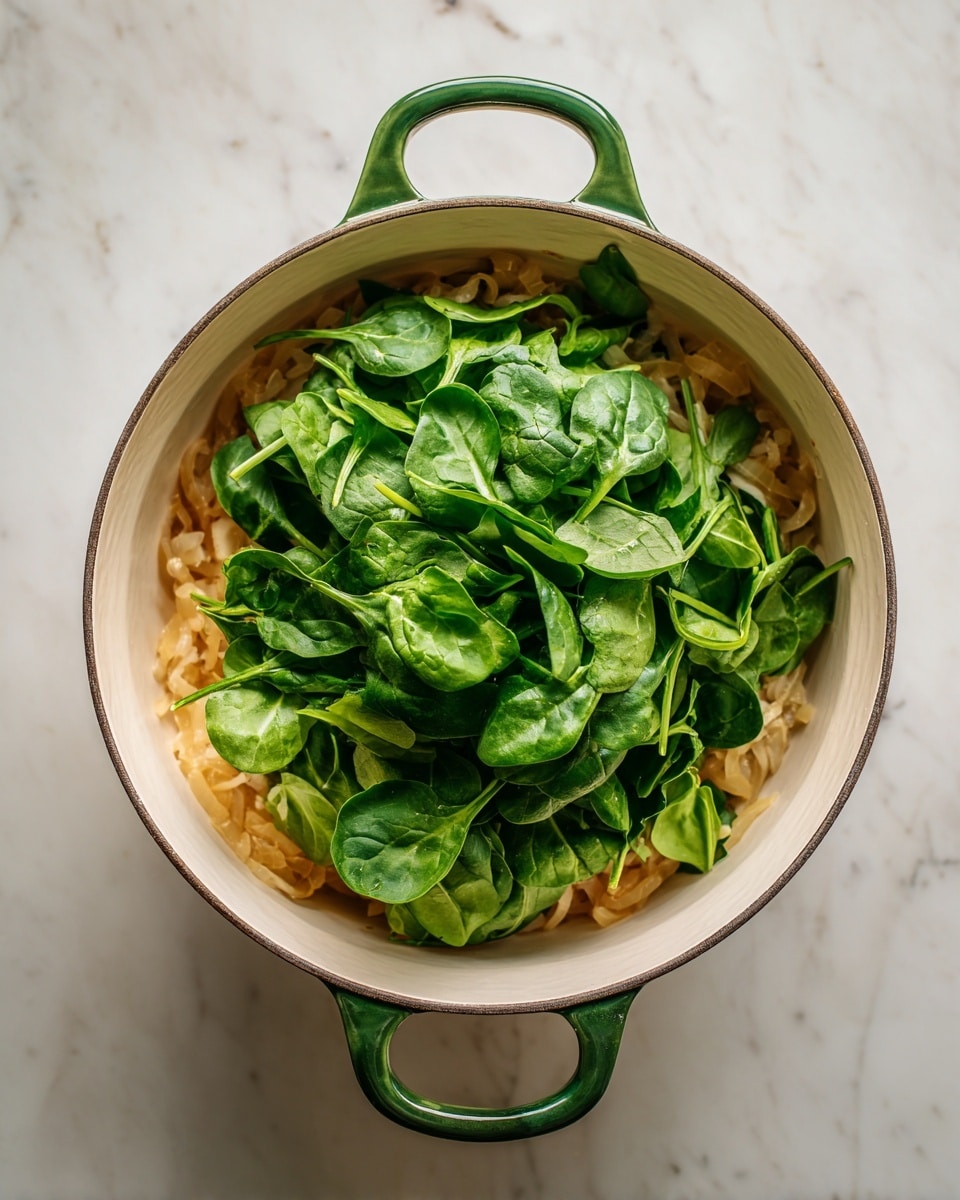 A white pot with green handles holds two main layers: at the bottom, golden cooked onions with a soft texture, and on top, a thick layer of fresh, vibrant green baby spinach leaves that cover the onions completely. The pot is placed on a white marbled surface with soft light above it. Photo taken with an iphone --ar 4:5 --v 7