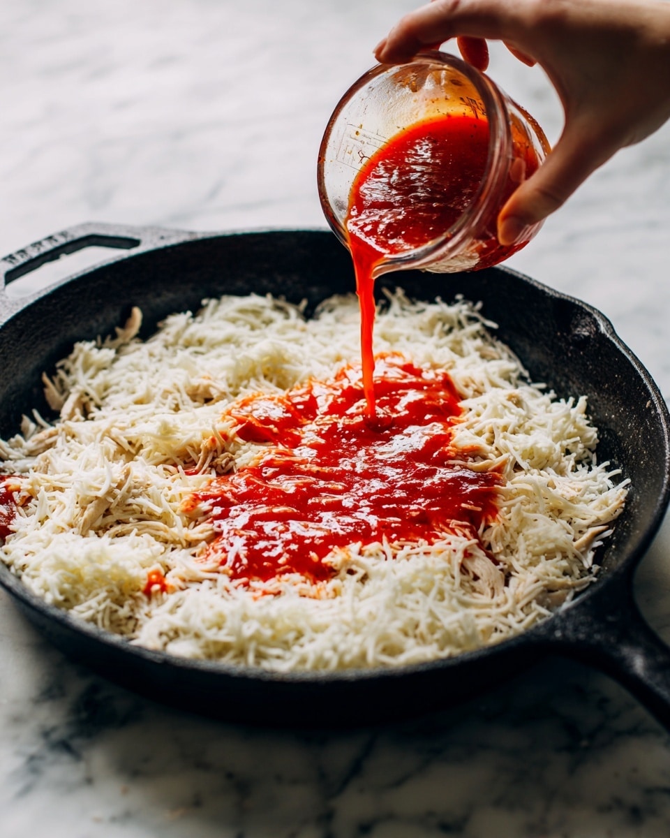 A black cast iron skillet sits on a white marbled surface. Inside the skillet, there is a layer of shredded white chicken spread unevenly across the bottom. Over the chicken, a bright red sauce is being poured from a clear glass measuring cup held by a woman's hand, creating splashes and pools of vibrant red over the white chicken. The skillet's dark textured surface contrasts with the white chicken and red sauce. photo taken with an iphone --ar 4:5 --v 7