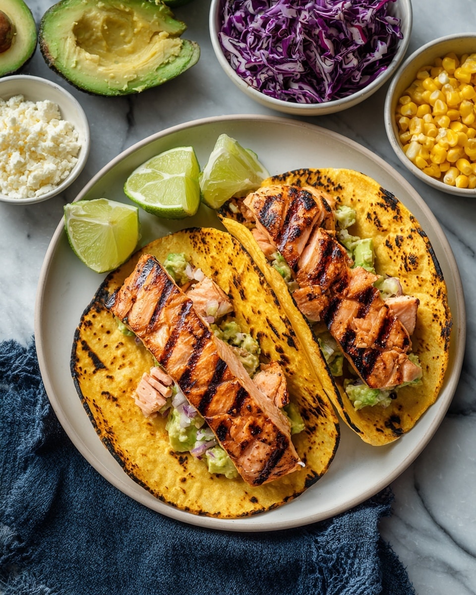 Grilled Salmon Tacos with Avocado Salsa Recipe - Recipe Image