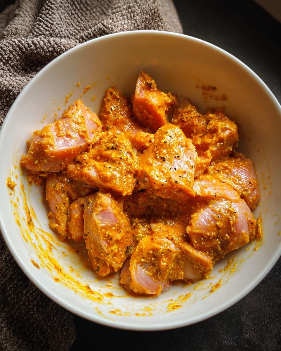 A white bowl filled with raw pink chicken pieces covered in a thick orange-yellow marinade with a slightly grainy texture, some parts of the chicken showing a glossy surface while others are coated in the paste; the bowl sides have smears of marinade, and the bowl sits on a dark surface with a textured cloth nearby. photo taken with an iphone --ar 4:5 --v 7