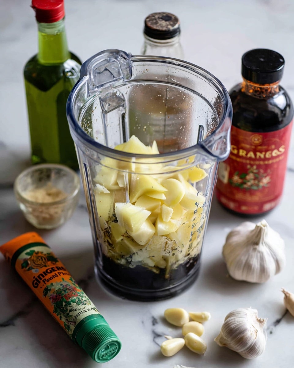 A clear blender jar is filled with a mix of light yellow chopped fruit pieces, small garlic cloves, and dark liquid at the bottom, showing a mix of smooth and chunky textures inside, placed on a white marbled surface. Around the blender, there is a green and orange tube labeled ginger paste, a small glass bottle with green liquid, another bottle with a black cap and red contents, and some scattered whole garlic bulbs and cloves in white tones. The scene has a natural, prepared look. Photo taken with an iphone --ar 4:5 --v 7