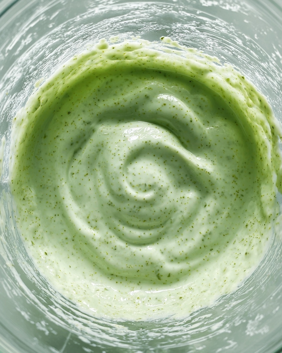 A close-up top view of a blender container filled with a smooth, light green sauce or dressing with small specks throughout, showing a creamy and slightly foamy texture. The blender is clear, and the sauce reaches nearly to the top inside the container. The background is a white marbled texture. Photo taken with an iphone --ar 4:5 --v 7