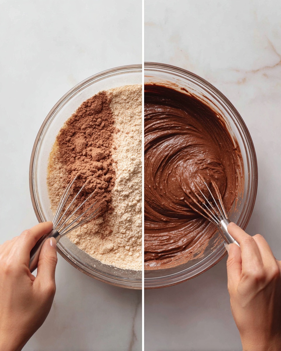 Two side-by-side photos show the process of mixing chocolate batter in a clear glass bowl on a white marbled surface. The left photo shows a layer of dry chocolate powder mixed in the bowl with a woman's hand holding a whisk stirring from the right side, revealing a light brown, powdery texture. The right photo shows the same bowl filled with a thick, smooth chocolate batter, deep brown in color, with the woman's right hand holding the whisk stirring the batter, creating soft swirls on the surface. Photo taken with an iphone --ar 4:5 --v 7
