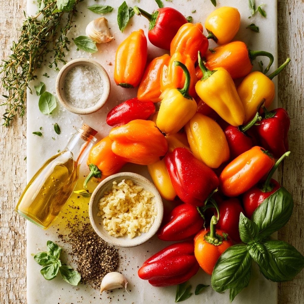 A round white plate filled with grilled mini bell peppers, arranged in a loose pile. The peppers include bright yellow, deep orange, and some red ones, all sliced in half showing slightly charred skin and soft interior seeds. Fresh green basil leaves and thyme sprigs are scattered on top and around the plate. The plate is set on a white cloth with subtle folds, sitting on a white marbled surface. The colors are vibrant and the lighting highlights the peppers' glistening texture. Photo taken with an iphone --ar 4:5 --v 7