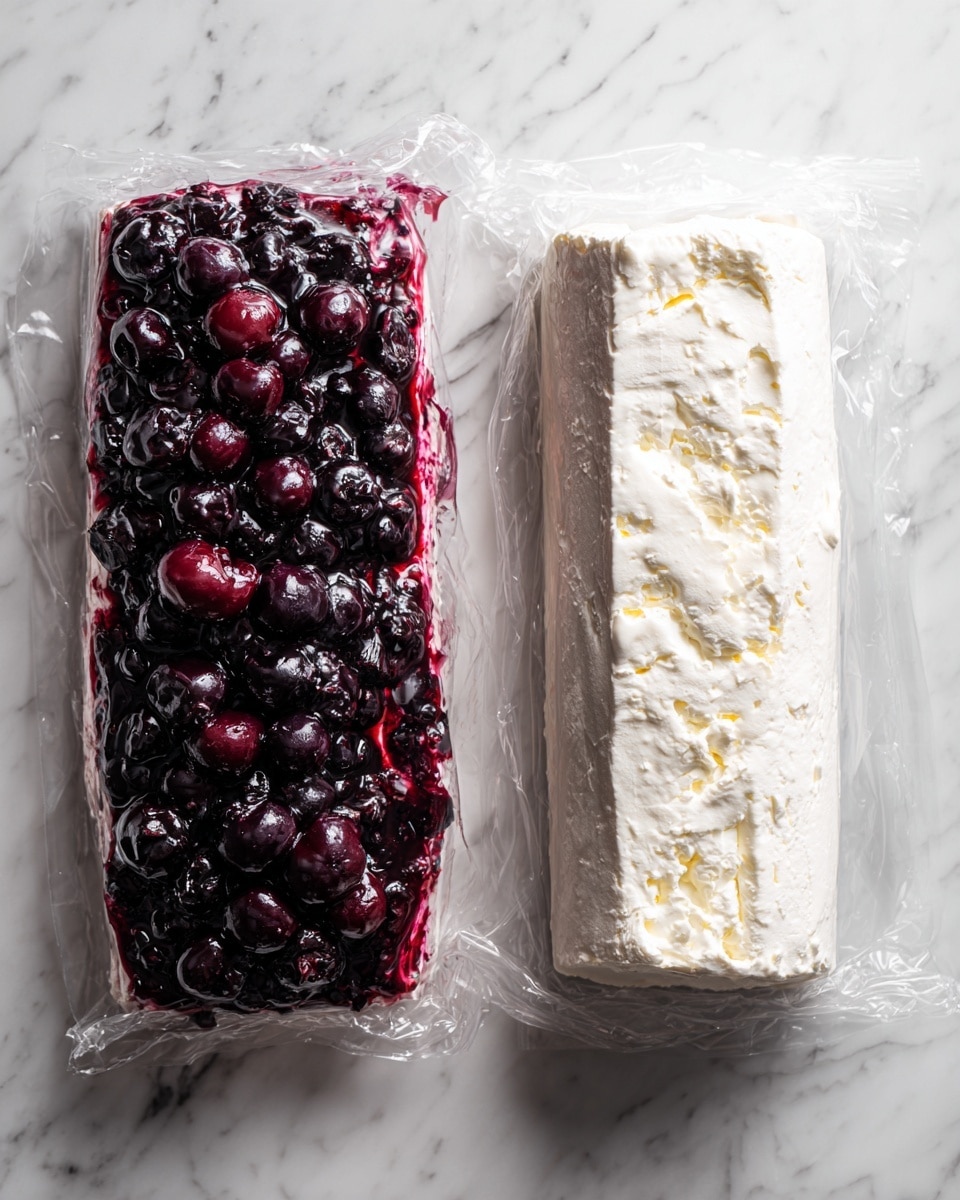 The image shows two side-by-side photos on a white marbled surface. On the left side, there is a layer of dark purple, chunky berry mixture spread lengthwise on a clear plastic wrap. On the right side, above the berry layer, a white cream cheese-like log is placed horizontally across the center of the berry layer on the same clear plastic wrap. photo taken with an iphone --ar 4:5 --v 7