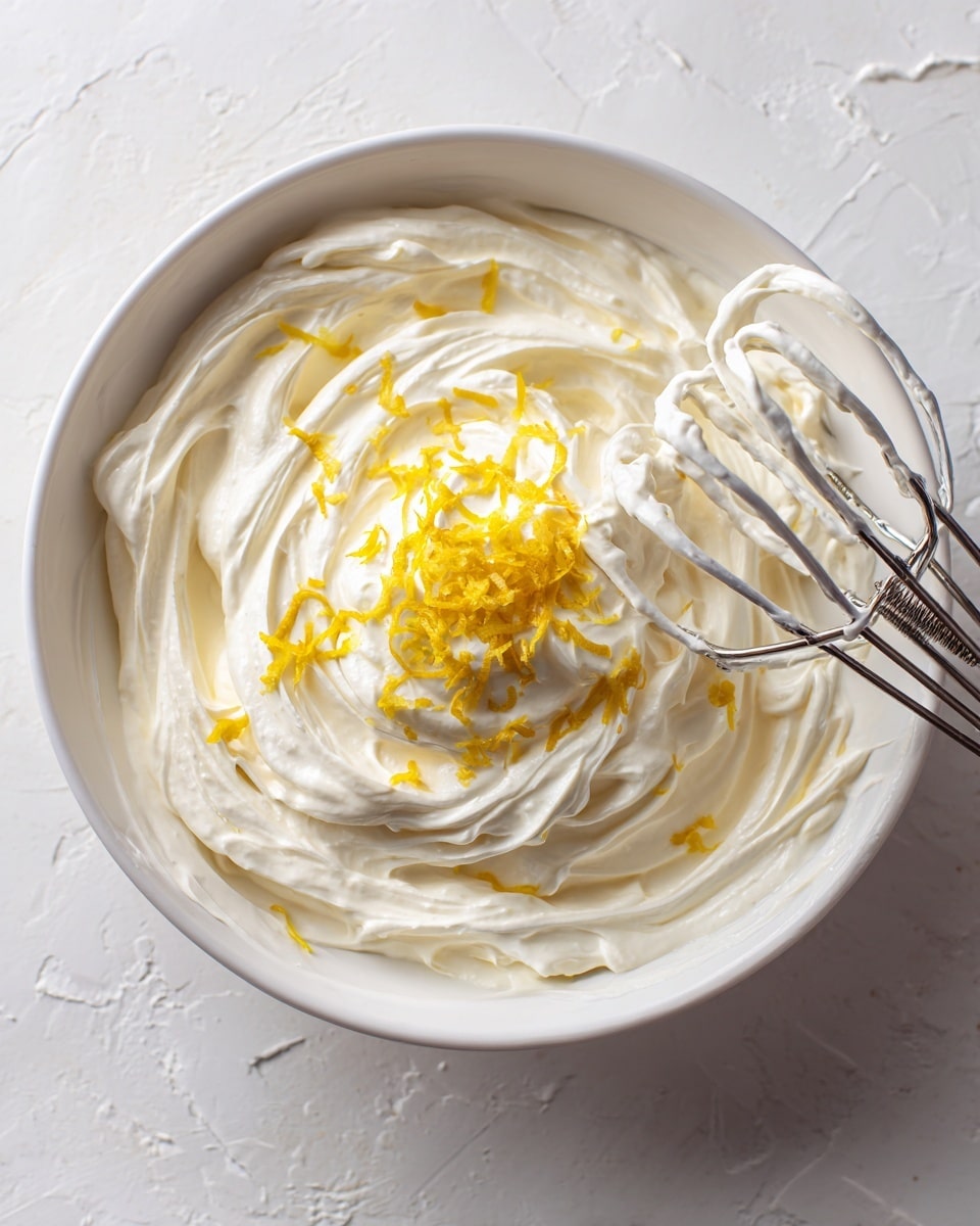 A white bowl filled with smooth, thick white cream or whipped mixture, with bright yellow lemon zest sprinkled in the center on top. The mixture has soft swirls and textures around the edges, showing gentle stirring, and a metal hand mixer with two beaters is partially visible on the right side, partly submerged in the cream. The bowl sits on a white marbled surface, giving a clean and fresh look. Photo taken with an iphone --ar 4:5 --v 7