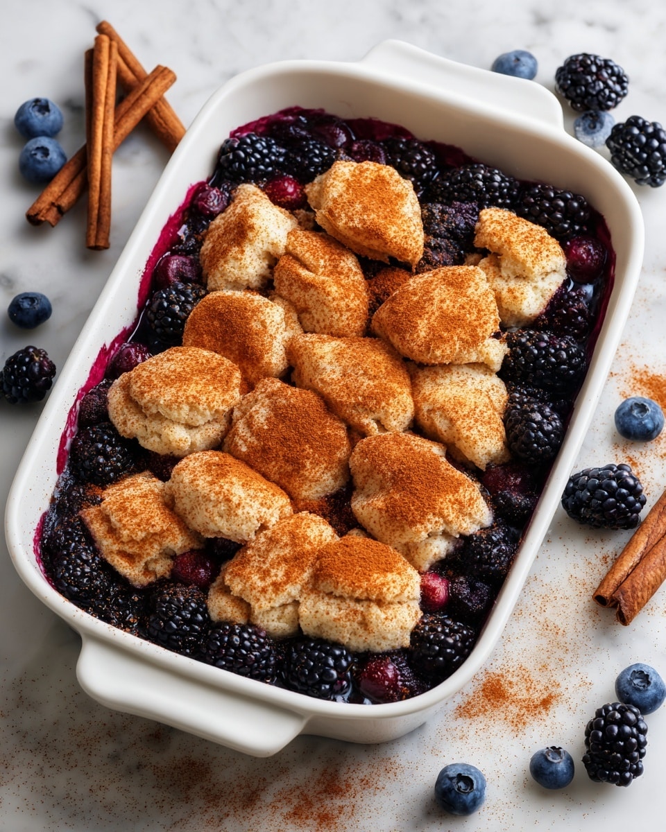 A white baking dish filled with a layer of dark blueberries and blackberries at the bottom, covered with uneven dollops of light brown biscuit dough sprinkled with cinnamon powder, giving a warm orange-brown tint over the top. The berries look plump and juicy, while the biscuit dough pieces have a soft, crumbly texture. The dish rests on a white marbled surface with some blueberries, blackberries, and a cinnamon stick scattered around. Photo taken with an iphone --ar 4:5 --v 7