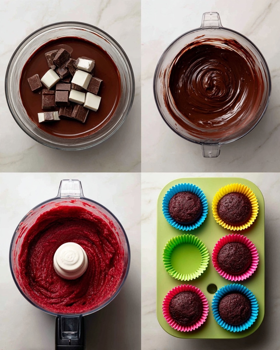 The image shows four stages of making a chocolate-red dessert. The first part is a clear glass bowl with dark brown melted chocolate and white solid fat on top, covered partly with square chocolate pieces. The second part is the same bowl with smooth, shiny melted chocolate, all mixed and spread. The third part is a clear food processor bowl with a deep red, thick mixture, slightly rough in texture. The last part shows six small cupcakes in a muffin tray, each in a colorful silicone cup (yellow, green, pink, red, and blue), with dark red, baked tops. All set on a white marbled surface. photo taken with an iphone --ar 4:5 --v 7