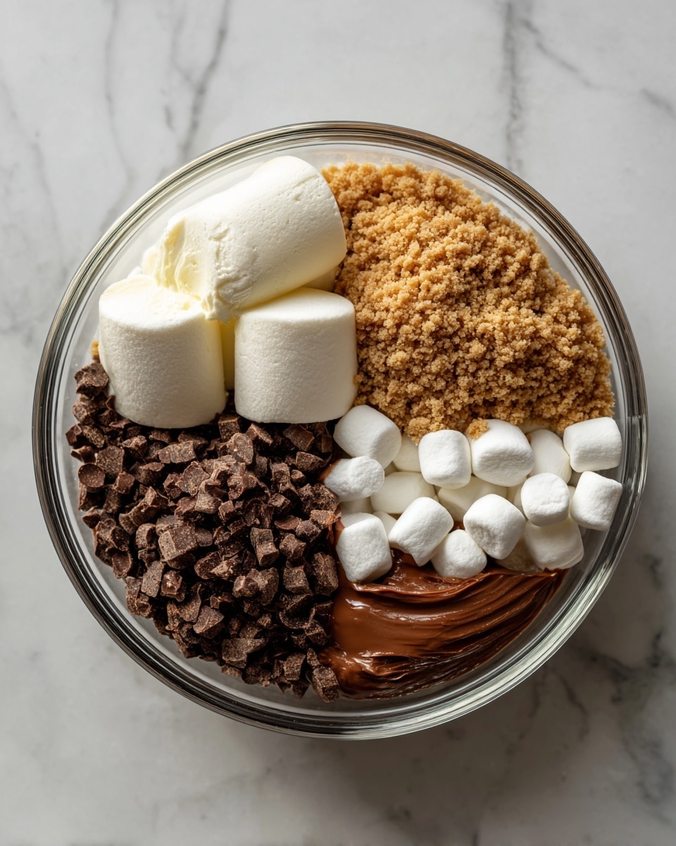 The image shows two clear glass bowls on a white marbled surface. The left bowl has a base layer of small dark brown chocolate chunks, topped with two soft, white scoops of butter placed near the center. The right bowl holds three distinct layers side by side: small white mini marshmallows on the left, crushed light brown graham cracker crumbs on the right, and a layer of smooth, thick brown chocolate spread forming the base under the marshmallows and crumbs. photo taken with an iphone --ar 4:5 --v 7