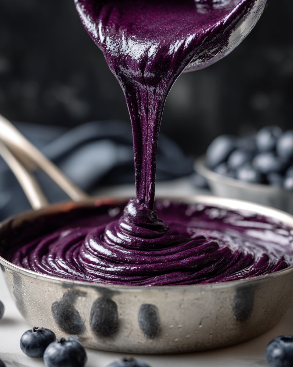 A shiny silver pan filled with thick, smooth, dark purple batter is shown with more of the same batter being poured into it from a matching silver bowl above. The batter forms soft swirls as it falls and pools in the pan, with some drops splashing on the edges. The scene has a few blueberries scattered around and the surface is a white marbled texture. The background is dark with blurry shapes, highlighting the rich color and texture of the batter photo taken with an iphone --ar 4:5 --v 7