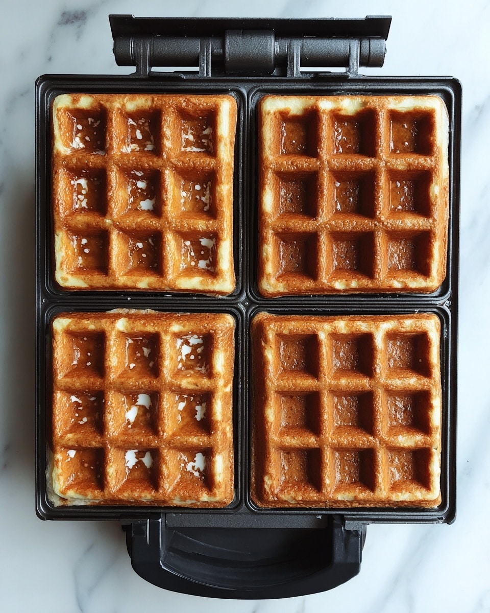 The image shows a waffle maker with four sections filled with thick, light brown batter. Each section contains a single layer of batter that has a slightly uneven texture with small bubbles and shiny spots across the surface. The batter covers the square compartments fully but does not overflow. The waffle maker is placed on a white marbled surface. photo taken with an iphone --ar 4:5 --v 7