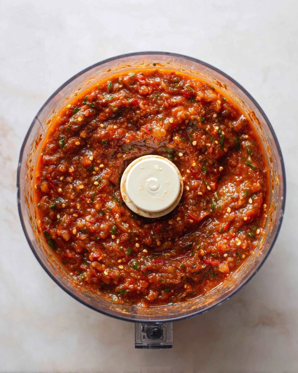 The image shows a clear food processor bowl filled with a thick, slightly chunky salsa mixture. The salsa has a rich mix of deep orange, red, and brown colors, with visible small green flecks of herbs and tiny bits of white and black grains spread throughout. The salsa's texture looks moist and coarse, with a glossy surface hinting at fresh ingredients blended just enough to keep some texture. The clear lid with a white center blade attachment is visible in the center of the bowl, resting on a white marbled surface. Photo taken with an iphone --ar 4:5 --v 7