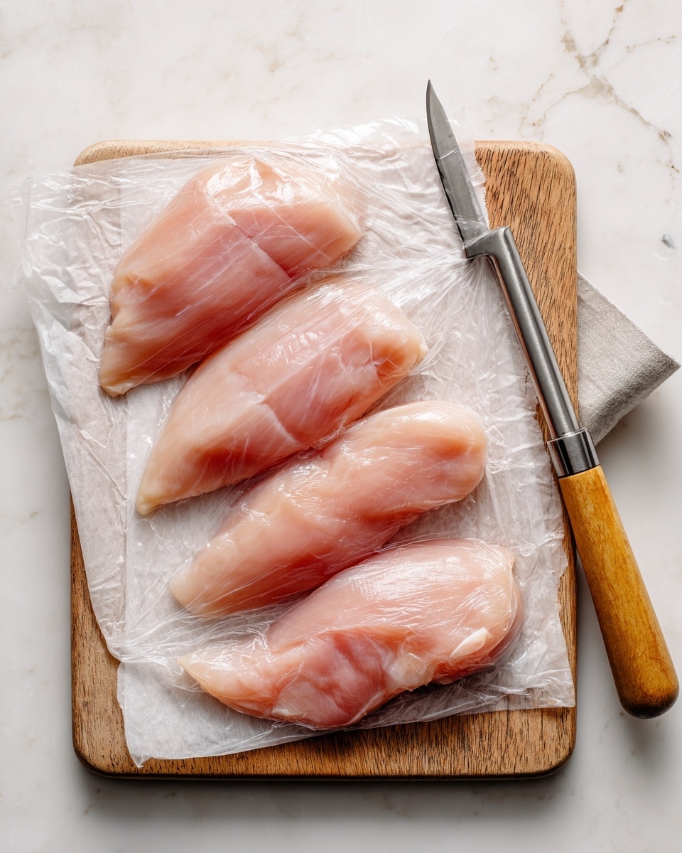 Four thin, light pink raw chicken fillets lay flat on a piece of white parchment paper on top of a wooden board. A clear plastic wrap covers the chicken, tightly pressed against each piece, showing their smooth, moist texture. To the right side, there is a metal meat tenderizer with a wooden handle resting on a white marbled surface. The whole scene is bright and clean. Photo taken with an iphone --ar 4:5 --v 7
