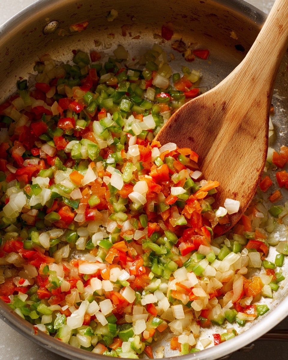 Inside a large pot, there is a mix of sautéed diced vegetables showing three main colors: white from onions, green from peppers, and red from tomatoes. The vegetables have a soft, slightly shiny texture from cooking, scattered unevenly across the bottom and sides of the pot. A wooden spoon with a smooth, light brown surface rests among the vegetables, angled from the bottom right toward the center. The inside of the pot is grey metal, which provides a neutral background that contrasts with the vibrant vegetable colors. The overall scene has a warm, natural cooking feel. photo taken with an iphone --ar 4:5 --v 7