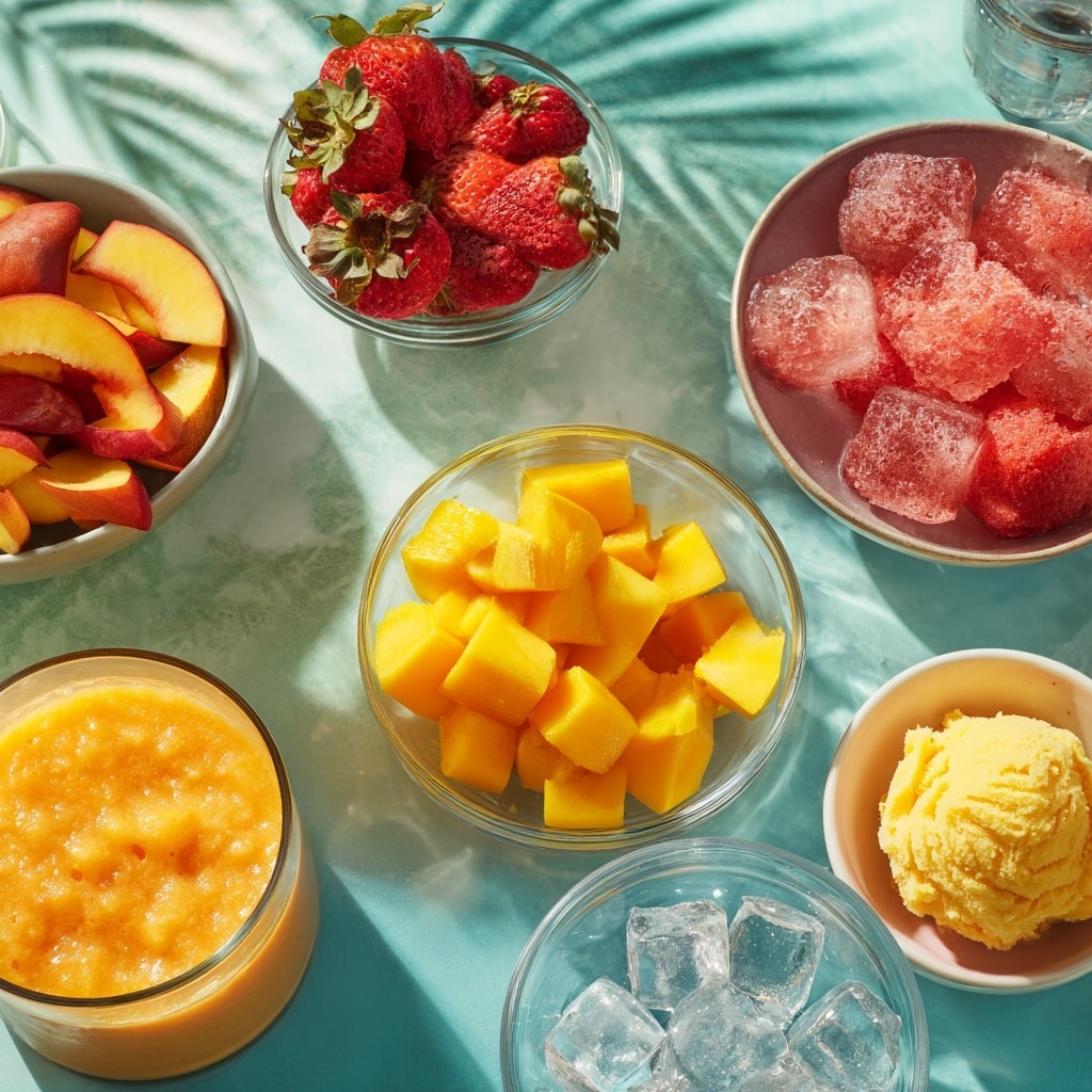 The image shows a clear blender container filled with layers of frozen fruit and ice. At the bottom, there are bright red strawberries, topped by small chunks of yellow mango and some pieces of orange peach slices. On the top layer, there are clear ice crystals spread around the fruit pieces. The background is a white marbled texture with soft lighting and a slight mist effect. photo taken with an iphone --ar 4:5 --v 7
