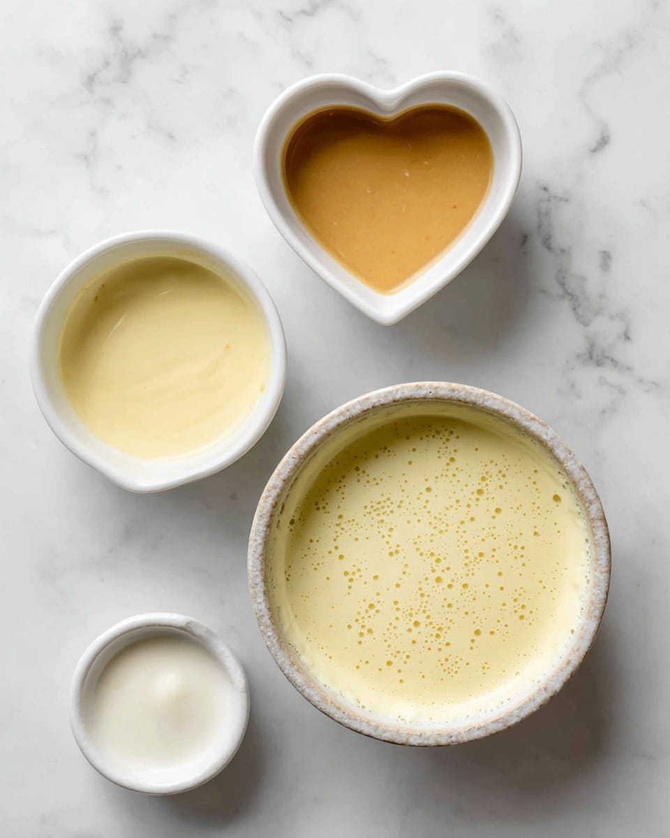 The image shows two views of ingredients and a mixed sauce on a white marbled surface. On the left, there are three small white bowls with different contents: a light brown thin sauce in a heart-shaped bowl at the top, a creamy light yellow thick sauce in a spouted bowl at the bottom left, and a white smooth creamy sauce in a small round bowl at the bottom right. On the right, there is a single round white bowl filled with a creamy light yellow sauce with small bubbles on its surface, looking smooth and well mixed. The bowls have a natural, slightly rough texture on the outside. Photo taken with an iphone --ar 4:5 --v 7