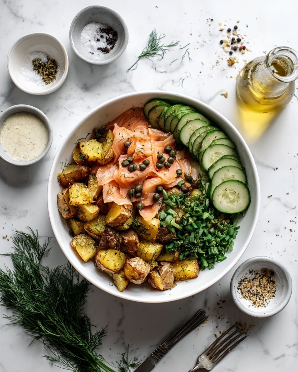 A white bowl filled with several layers of food is shown from above on a white marbled surface. The bottom layer is golden-brown roasted potato pieces with a crispy texture. On top, there is a layer of thin, light pink smoked salmon slices, scattered with small dark green capers. To the side, there is a row of thin cucumber slices with pale green centers and dark green edges, sprinkled with black pepper. Fresh chopped green herbs, including dill and chives, are piled next to the cucumber, adding bright green color. Around the bowl, there are small containers holding a light cream sauce, black pepper, salt, and sesame seeds, with a small glass bottle of golden oil nearby. Photo taken with an iphone --ar 4:5 --v 7