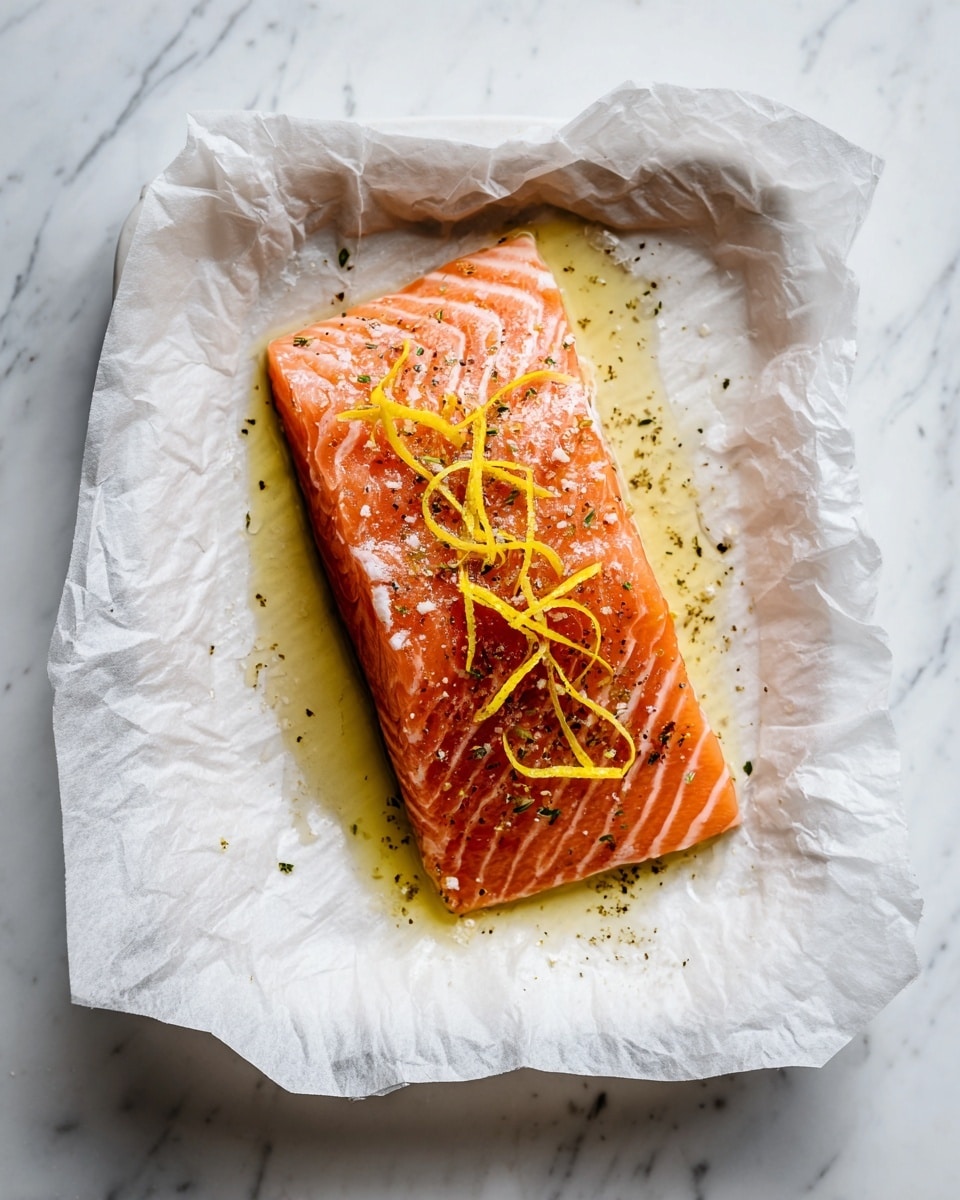 A single piece of raw orange-pink salmon fillet lies centered on a sheet of white crinkled parchment paper, which is placed on a white tray. The salmon is seasoned with thin yellow lemon zest strips scattered on top and a light sprinkle of black pepper and salt. A small pool of shiny olive oil surrounds the bottom edges of the salmon, adding a glossy texture against the smooth fish and rough paper. The background is a white marbled surface with subtle gray veins. photo taken with an iphone --ar 4:5 --v 7