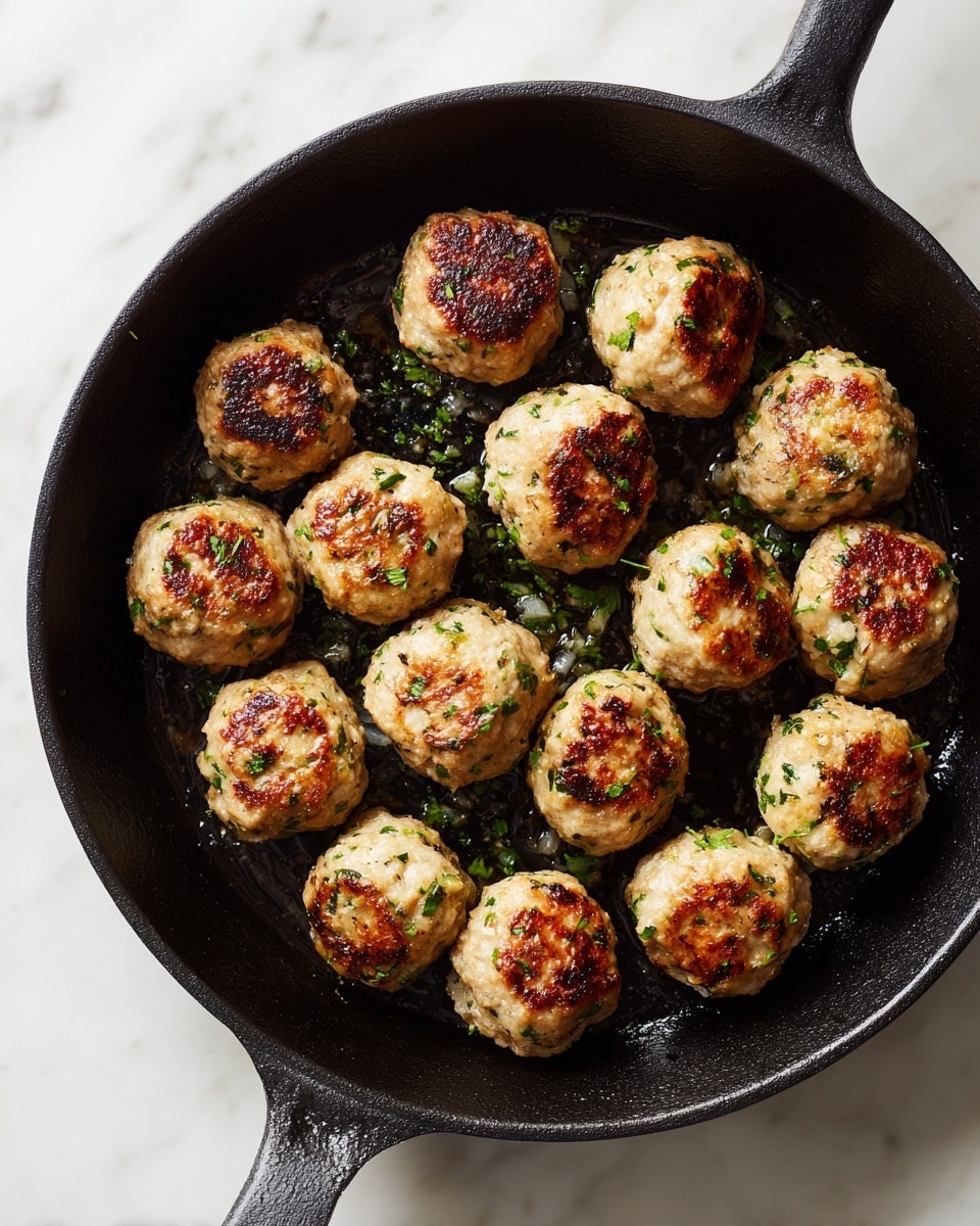 A black cast iron pan sits on a white marbled surface, filled with fifteen small, browned meatballs. Each meatball is light beige with green herb flecks evenly spread throughout, and they have a slightly crispy, golden-brown exterior from cooking. The meatballs are round but not perfectly smooth, showing a slightly rough texture. They are arranged loosely in the pan, leaving some space between each piece. The pan handle points downward, and the overall scene has a bright, natural light. photo taken with an iphone --ar 4:5 --v 7