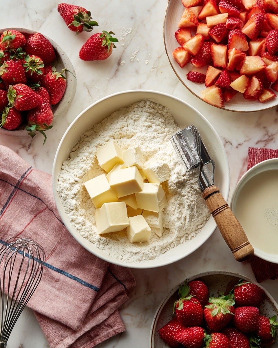A white bowl filled with white flour and small cubes of pale yellow butter, with a metal pastry cutter with a wooden handle resting inside; near it, a white plate with chopped strawberries in various shades of red and orange, and another white plate with whole bright red strawberries with green leaves; a few loose strawberries are scattered on a white marbled surface around the bowls and plates, along with a small bowl of a smooth white liquid with a metal whisk inside; a folded pink cloth with blue lines is placed nearby. photo taken with an iphone --ar 4:5 --v 7