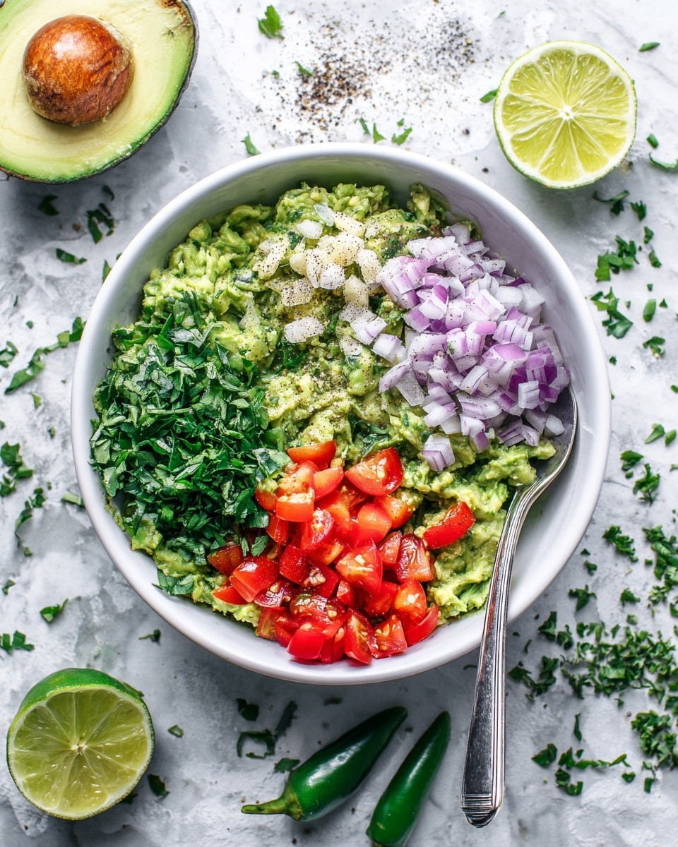 A white bowl filled with mashed bright green avocado as the base layer, topped with finely chopped green herbs on the left side, small chopped red cherry tomatoes on the bottom right, finely diced purple onions on the upper right, and a pile of minced garlic and ground black pepper on the upper left of the bowl. Around the bowl on a white marbled surface are half an avocado, a squeezed lime, a whole lime, a green chili, and scattered green herb leaves. A silver spoon rests inside the bowl on the right side. photo taken with an iphone --ar 4:5 --v 7