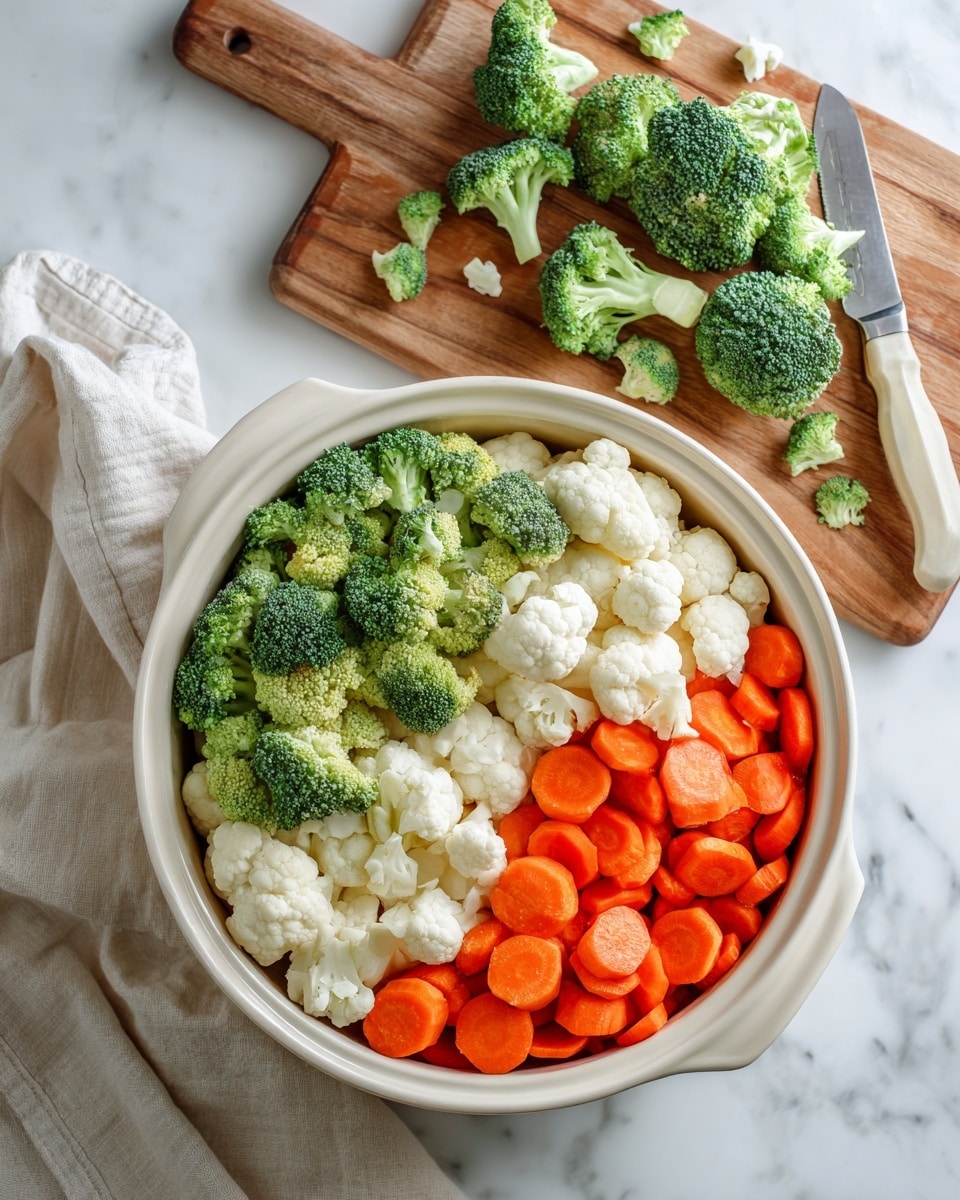 The image shows a white round ceramic dish filled with three layers of fresh, chopped vegetables. The bottom layer is made of bright orange carrot slices, evenly spread. The middle layer is green broccoli florets with textured tops and light green stems. The top layer has white cauliflower pieces, some with small stems, scattered over the broccoli and carrots. Next to the dish, there is a wooden board holding extra broccoli and cauliflower pieces with an off-white knife. The dish rests on a white marbled surface with a light beige cloth nearby. Photo taken with an iphone --ar 4:5 --v 7
