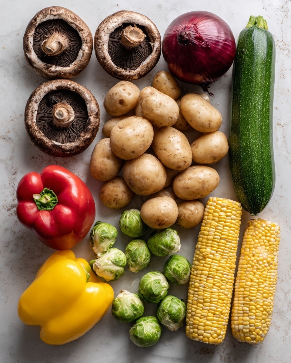 This image shows an arrangement of fresh vegetables on a white marbled surface. There are three large brown mushrooms with their dark gills facing up, positioned on the left side. Below the mushrooms, a group of small green Brussels sprouts is scattered. To the right of the mushrooms and sprouts, there are many small, light brown potatoes grouped together. Above the potatoes, a red onion sits with its dark purplish-red skin. Near the center top, a long yellow squash and a long green zucchini lay next to each other vertically. At the bottom left, a whole yellow bell pepper and a whole red bell pepper are placed side by side. On the bottom right, two halves of yellow corn on the cob lie parallel to each other photo taken with an iphone --ar 4:5 --v 7