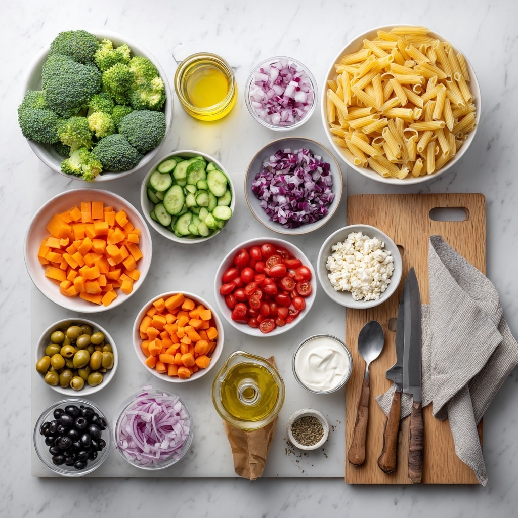 The image shows two parts: on the left, a metal pot filled with a clear broth containing bright green broccoli florets, orange carrot pieces, and uncooked orange penne pasta. A spoon is lifting some of the vegetables and pasta out of the broth. On the right, there is a clear glass measuring cup on a white marbled surface, filled with a thick, light yellow sauce speckled with black herbs, with a metal spoon resting inside it. photo taken with an iphone --ar 4:5 --v 7