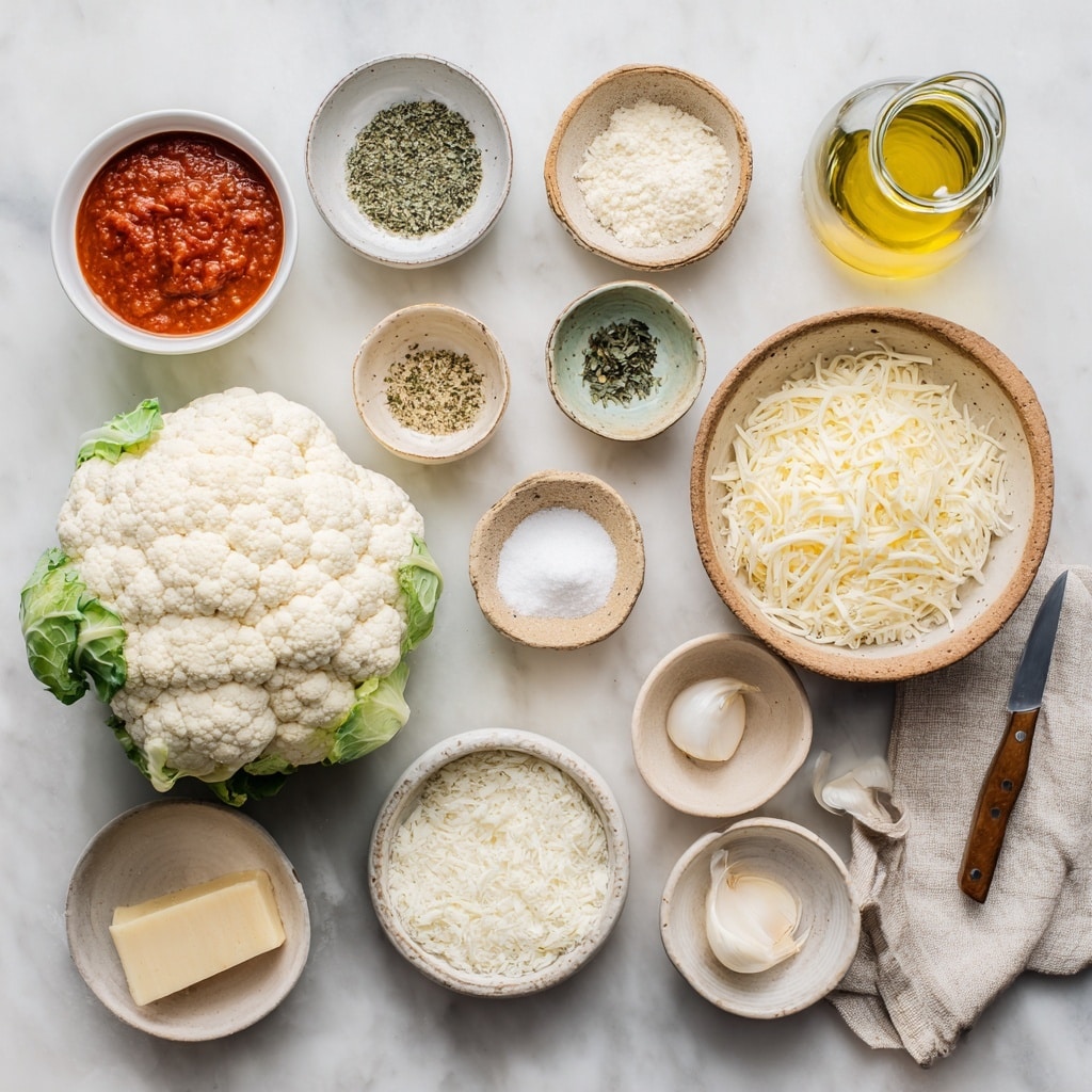 The first image shows a white bowl with four main ingredients separated inside: white cauliflower rice on the right, a bright yellow raw egg yolk near the top center, white grated cheese on the top left, and a small pile of black pepper on the bottom left; everything rests on a white marbled surface. The second image shows a round, golden-brown flatbread with a crispy, slightly uneven texture and some dark brown spots, placed on the same white marbled background. Photo taken with an iphone --ar 4:5 --v 7
