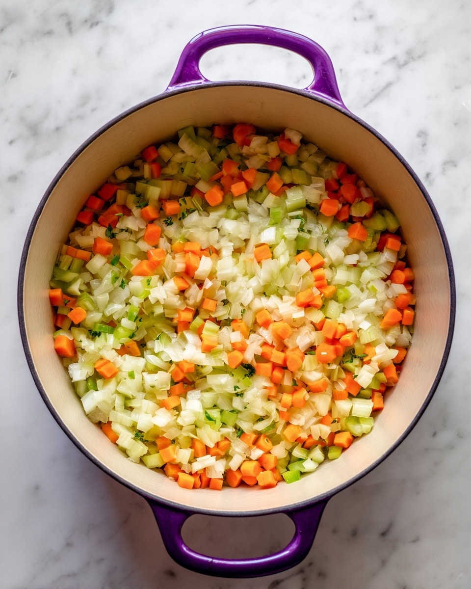 A top view of a round purple cooking pot filled with finely chopped vegetables cooking inside. The vegetables are layered in a mix of soft white onion pieces, bright orange carrot bits, pale green celery chunks, and small green pepper pieces spread evenly across the pot. The pot rests on a white marbled surface, and no other objects are visible around. photo taken with an iphone --ar 4:5 --v 7