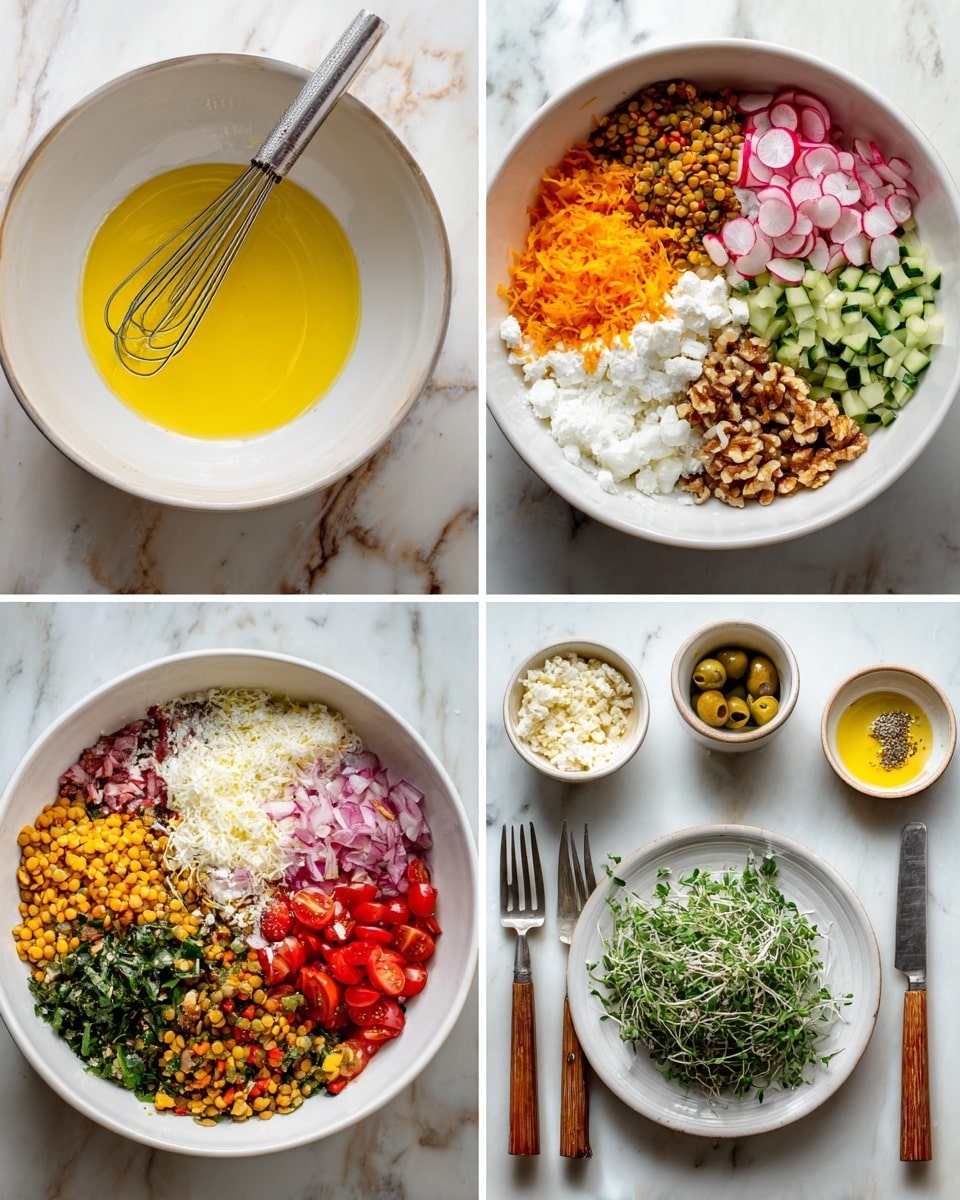 A collage of four images shows the making of a colorful lentil salad. The first image features a white bowl with yellow olive oil, garlic, and dried herbs mixed together on a white marbled surface, with a whisk placed beside it. The second image shows a large white bowl with neatly arranged layers of finely chopped radishes in white and pink, orange lentils, crumbly white cheese, halved cherry tomatoes in red, chopped cucumber in green, diced red bell pepper, green olives, walnuts, and fresh herbs, all placed in separate sections. The third image presents the same bowl now mixed, with all the ingredients combined, showing a mix of red, green, orange, white, and brown colors, with two wooden-handled forks inside. The last image is a close-up of the finished salad served on a white plate, topped with fresh green microgreens and small cheese crumbles, surrounded by small bowls and forks on the white marbled surface. Photo taken with an iphone --ar 4:5 --v 7